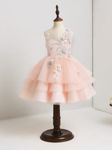 Beauteous Sleeveless Mini Length Appliques Zipper Toddler Flower Girl Dress with Pink