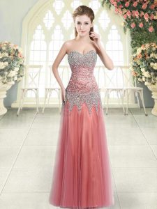 Deluxe Watermelon Red Tulle Zipper Prom Evening Gown Sleeveless Floor Length Beading