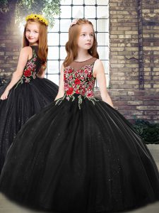 Black Zipper Scoop Embroidery Kids Pageant Dress Tulle Sleeveless