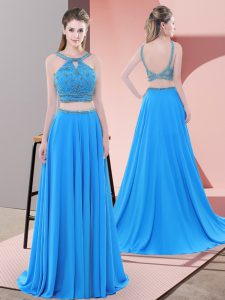 Stunning Blue Sleeveless Beading Backless Prom Evening Gown