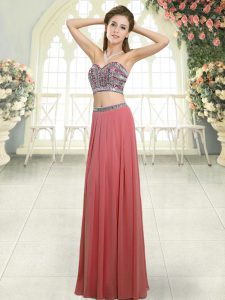 Elegant Floor Length Backless Formal Dresses Watermelon Red for Prom and Party with Beading