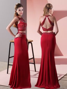 Fancy Halter Top Sleeveless Backless Prom Evening Gown Red Elastic Woven Satin