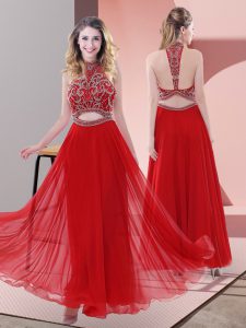 Halter Top Sleeveless Homecoming Dress Ankle Length Beading Red Chiffon