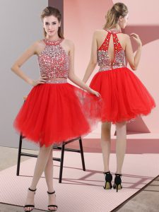 Customized Knee Length Two Pieces Sleeveless Red Prom Party Dress Backless