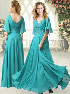 Ideal Beading and Lace Prom Party Dress Aqua Blue Zipper Half Sleeves Floor Length Sweep Train