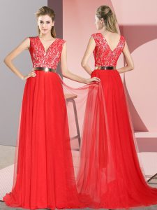 Lovely Red Evening Wear Tulle Sweep Train Sleeveless Beading and Lace