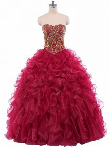 Smart Wine Red Sleeveless Organza Lace Up Quince Ball Gowns for Military Ball and Sweet 16 and Quinceanera