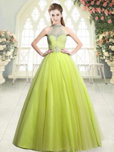 Captivating Yellow Green Prom Dress Prom and Party with Beading Halter Top Sleeveless Zipper