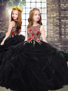 Best Black Ball Gowns Embroidery and Ruffles Girls Pageant Dresses Zipper Tulle Sleeveless
