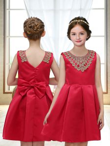 Scoop Sleeveless Toddler Flower Girl Dress Mini Length Appliques Red Satin