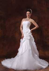Strapless Appliqued and Organza Wedding Dress with Hand Flowers