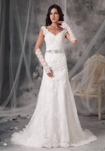 Sexy A-Line V-Neck Court Train Wedding Dresses in Organza with Appliques