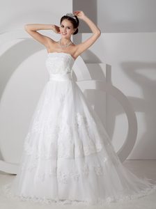 Best A-line Strapless Brush Train Wedding Dress with Belt and Lace