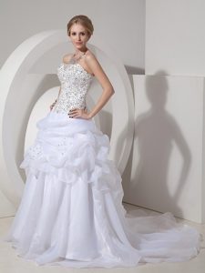 Popular A-line Strapless Organza Wedding Dress with Beading and Pick Ups