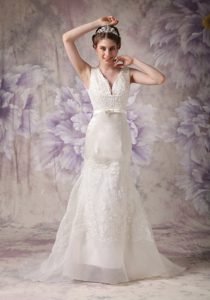 Modest A-line V-neck and Organza Wedding Dress in Lace on Sale