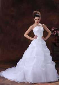 Unique A-line Strapless Organza Wedding Dress with Appliques and Pick Ups