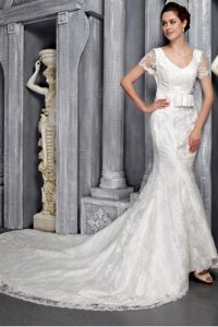 Beautiful V-neck Chapel Train Wedding Dress with Lace and Sash