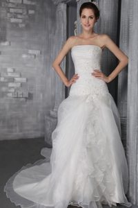 Inexpensive A-line Strapless Chapel Train Organza Dress for Brides with Lace-up