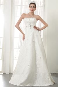 Elegant A-line Strapless Long Beading Lace-up Dress for Wedding in Lace