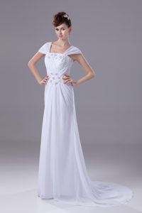 Exclusive Beaded and Appliqued Square Brush Train Bridal Dress with Cap Sleeve