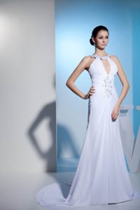 Modern Court Train Beaded Ruched White Wedding Gown with Cutouts