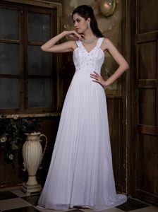 Magnificent Empire V-neck Watteau Train Bridal Gowns with Pleating and Beading