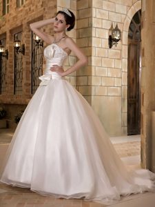 Dressy Sweep Train Wedding Reception Dress in and Organza with Beads