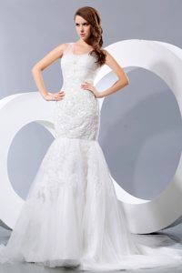 Elegant Mermaid Court Train and Lace Wedding Gown with Wide Straps
