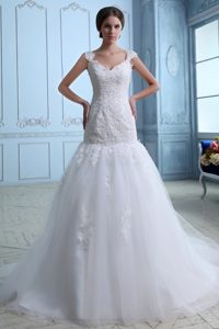Nice Mermaid Straps Brush Train Tulle Lace Bridal Gown with Zipper-up in White