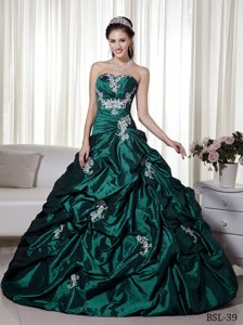 Sweet A-line Strapless Turquoise Dress for Quince in with White Appliques