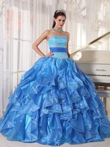 Fabulous Blue Ball Gown Strapless Quinceanera Gowns to Long in Organza
