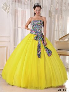 Luxurious Yellow Strapless Sequined Quinces Gown and Colorful Printing