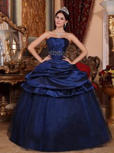 Best Navy Blue Strapless Tulle and Beading Quinceanera Gowns Dresses
