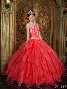 Gorgeous Organza Coral Red Strapless Dresses for Quinceaneras with Appliques