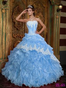 Nice Aqua Blue Strapless Dresses for Quinceanera with Ruffles in Organza on Sale