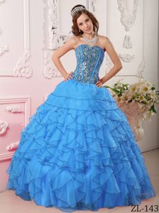 Fave Aqua Blue Sweetheart Organza Beading Quince Dresses with Ruffled Layers