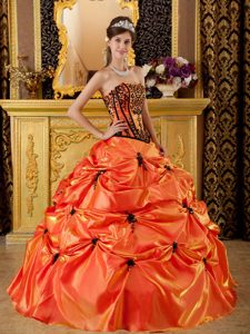 Timeless Orange Strapless Embroidery Quinceanera Dresses with Pick-ups