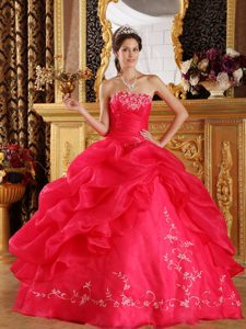 Vintage Coral Red Strapless Quince Dresses with Embroidery in Organza to Floor