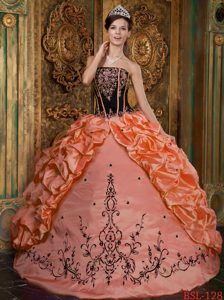 Important Orange Strapless Embroidery Quinces Dresses to Floor Length