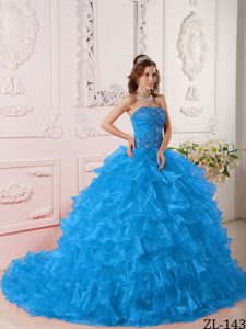 Fashionable Teal Organza Strapless Dresses for a Quinceanera with Embroidery