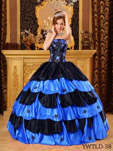 Popular Black And Blue Strapless Sweet Sixteen Quinceanera Dresses in Taffeta