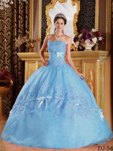 Svelte Ball Gown Strapless Quinceanera Gowns with Appliques in Organza in Blue