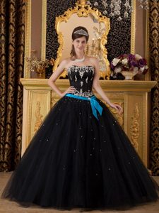 Righteous Black Strapless Appliqued Quinceanera Dresses with Blue Sash