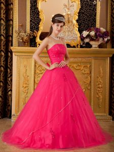 Tasty Hot Pink A-line Strapless Quinceanera Gown Dress with Appliques