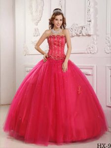 Upscale Strapless Long Tulle Hot Pink Quinceanera Dresses with Beading
