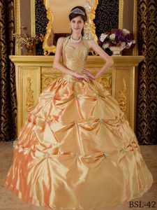 Golden Tony Halter Quinceanera Dresses Gown in with Appliques to Floor
