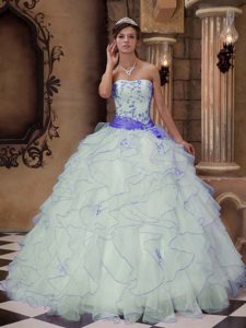 White Shimmery Strapless Organza Sweet Sixteen Dresses with Purple Embroidery