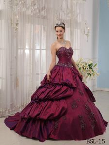 Poised Fuchsia Ball Gown Appliqued Quinces Dresses with Court Train in Taffeta