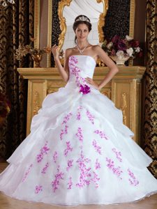 Extravagant White A-line Quinceaneras Dresses in Organza with Fuchsia Appliques