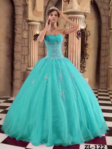 Turquoise Quinceaneras Dresses Gowns to Long in Organza with Beading